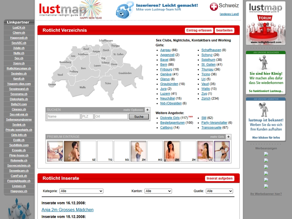 Screenshot der Webseite von Lustmap.ch im Jahr 2008
